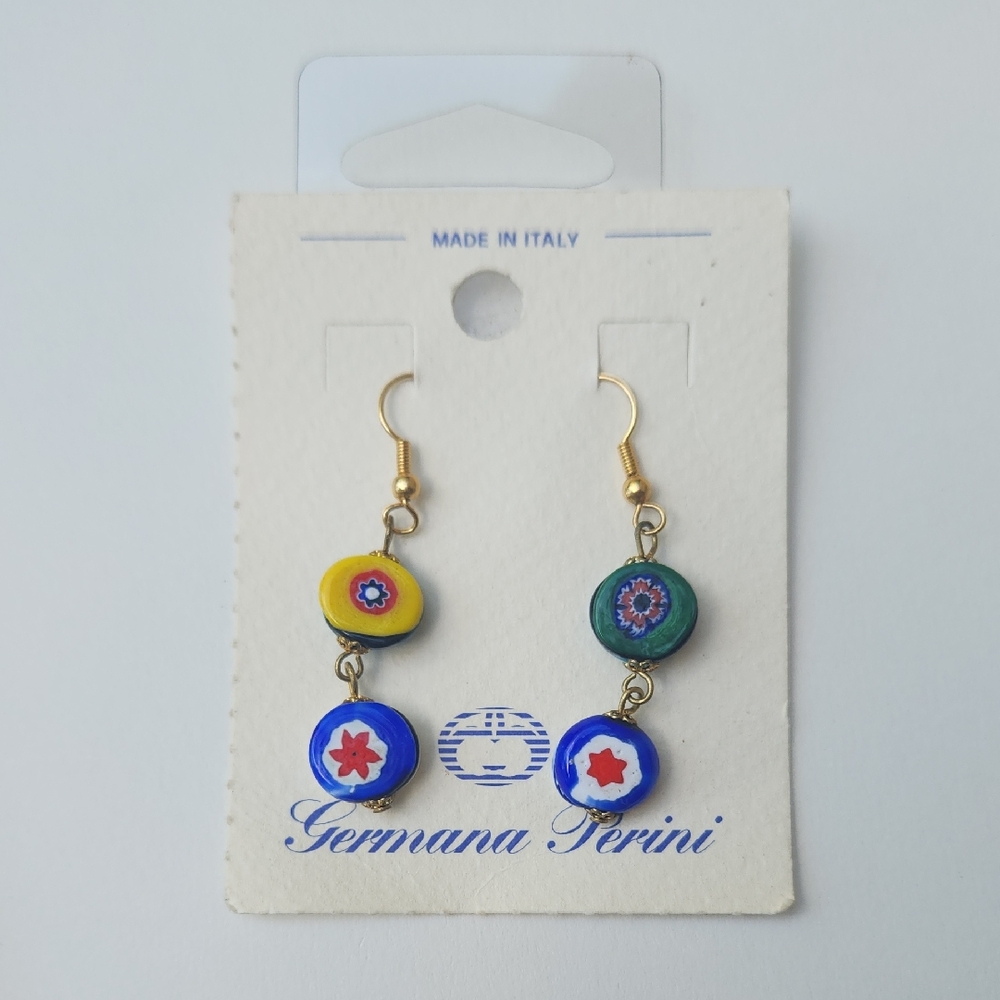 Multicolor Millefiori Drop Earrings - Yellow, Green & Blue